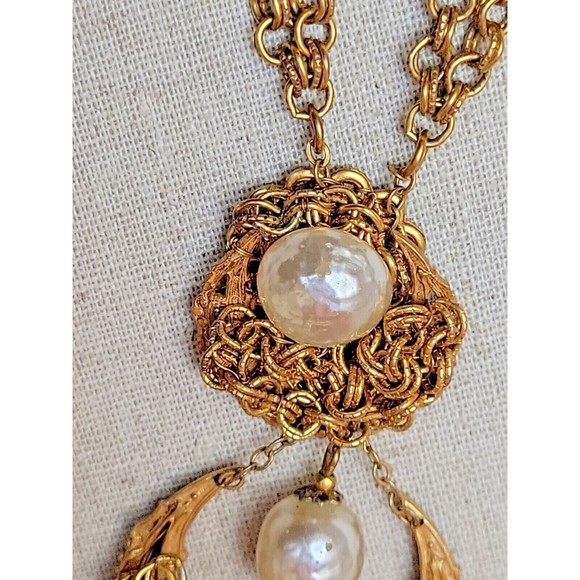 Rare Signed Miriam Haskell Double Dangle Baroque Pearl Multi Chain Necklace VTG - Picture 3 of 9